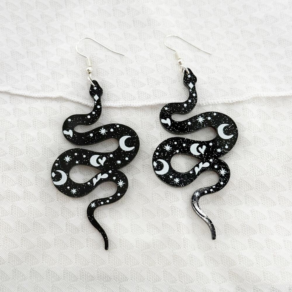 Celestial Snake Glitter Earrings, Black Serpent + Moons and Stars